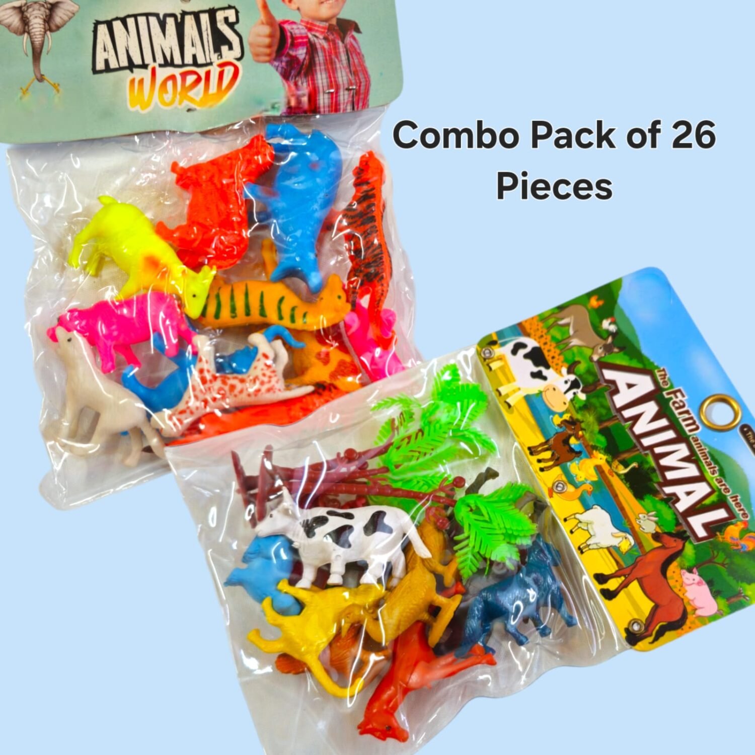 Wild & Farm Animals Mini Toy Figures | Rubber & Plastic 24 Pcs Combo Set